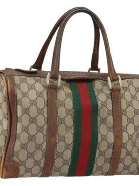 GUCCI GG Supreme Web Sherry Line Hand Bag PVC Beige Auth gh1658